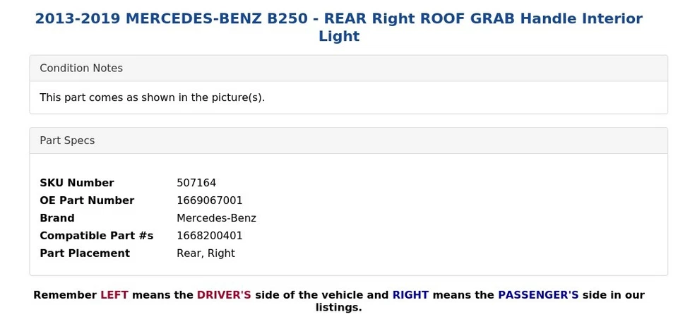 Mercedes-Benz B250 2013-2019 - luz interior manija techo trasero derecho Foto 4 de 4