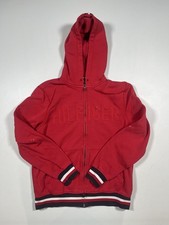 Tommy Hilfiger Hoodie Mens Small Red Full Zip Fleece Sweatshirt Spell Out Logo