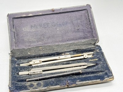VINTAGE METALL ZEICHNUNGSZIRKEL & TEILER SET BLAUES ETUI FÜR TECHNISCHE ZEICHNUNG