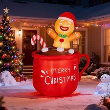 6.5FT Lighted Christmas Inflatable Decoration, Inflatable Gingerbread Man in Cup
