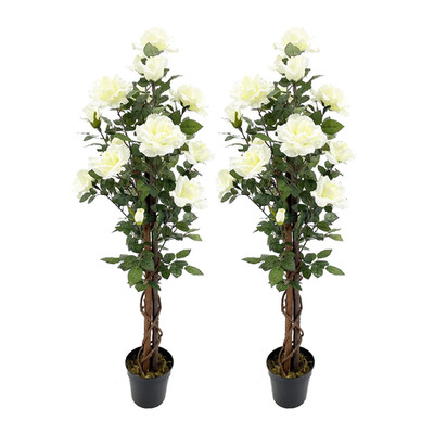 Pair Amerique 4 Feet Gorgeous Lifelike Artificial Blooming Rose Trees 18 White