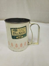 VINTAGE ANDROCK HAND OPERATED FLOUR SIFTER  3 CUP * LABEL * PINK WHITE * KITCHEN