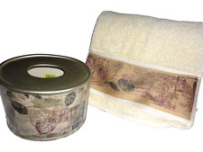 CROSCILL MEMOIRS MAUVE TAUPE GOLD LETTERS LEAVES 2PC TOWEL TISSUE BOX COVER