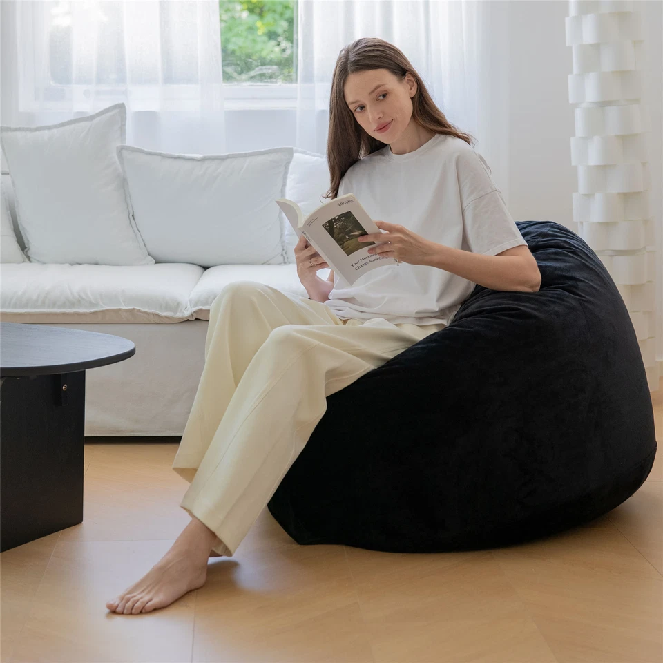 Silla Bean Bag - Silla de lectura grande de 3 pies llena de espuma sofá individual perezoso negro Foto 3 de 4