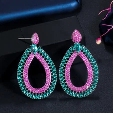 Blue CZ Women Long Round Dangly Double Drop Earrings Black Gold Plated Jewelry