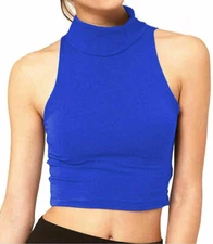 WOMEN'S LADIES SLEEVELESS POLO NECK T-SHIRT PLAIN PRINTED STRETCH CROP VEST TOP