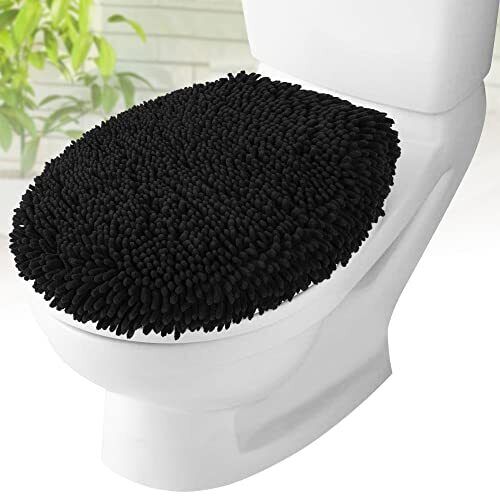 MAYSHINE Plush Shaggy Standard Toilet Seat Lid Cover (Black) | Fuzzy Chenille  - Picture 1 of 8