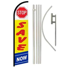 Stop Save Now Windless Full Curve Advertising Sale Banner Flag & Pole Kit