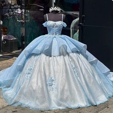Sky Blue Glitter Quinceanera Dresses 3D Flower Crossed Tulle Birthday Party Gown