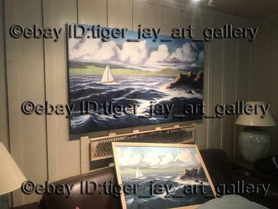 Sailboat Seascape Impressionist Beach Rock Sailing Boat Cloudy Sea Sky Painting