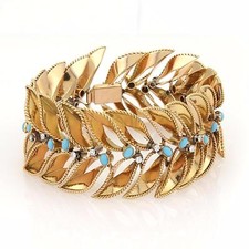 Diamonds Gold Bracelet 18k Yellow Turquoise Vintage Wide Leaf Link Style