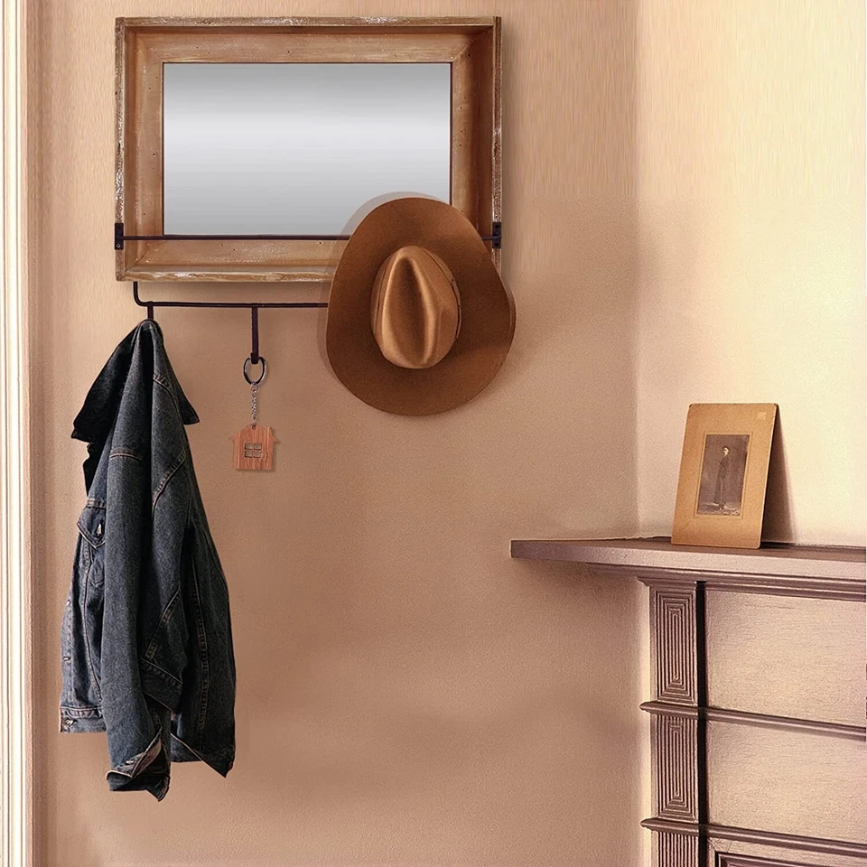 Wood Wall Mirror with Hooks Shelf, Rustic Wooden Frame Hanging Wall Mirror - Image 2 of 4