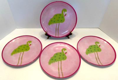 Nicole Miller Set of 4 Pink/Green Flamingo Melamine 8'' Snack/Appetizer Plates