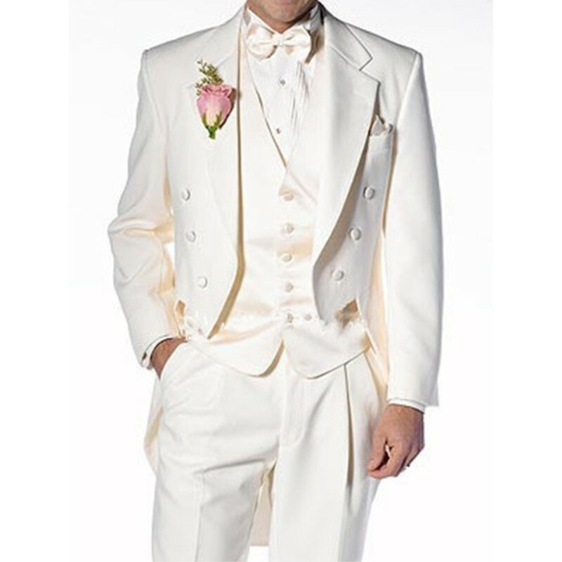 Ivory Men Tailcoat Suit Groom Tuxedo Wedding Peak Lapel Formal Dinner  Piece