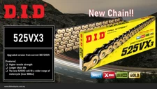 DID PRO-STREET 525 VX3 X-RING MOTORCYCLE CHAIN (GOLD/BLACK) 124 LINKS Rivet Link