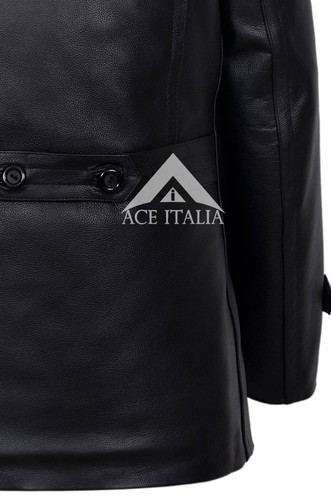 GERMAN Mens Pea Coat BLACK Classic Reefer Military Genuine Leather Jacket DR WHO - Picture 10 of 12