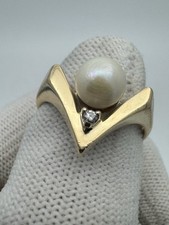 Vintage Modernist 14k Gold Pearl  Diamond Ring Band