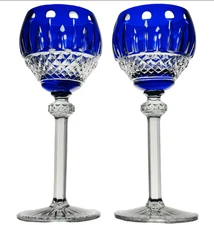 Ajka Crystal King Louis Pair of Cobalt Blue Wine Hocks Cut to Clear Goblets