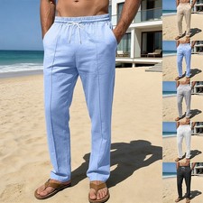 Summer Men Breathable Linen Pants Loose Fit Beach Casual Straight Leg Trousers