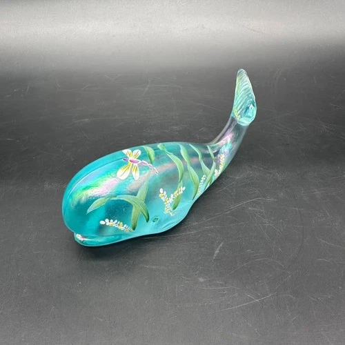 Fenton Whale Aquamarine Hand Painted Dragonfly Floral Figurine USA Art Glass 90s