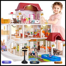 TUZT 3-Story Doll House 45 Pcs Furniture 4 Animal Dolls Cooking Set Lights Pool