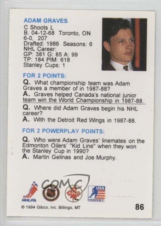 1994 Hockey Wit Adam Graves #86 - Image 2 of 2