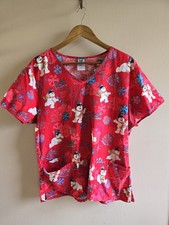 Women's Frosty The Snowman Red Multicolor Snowman V-Neck Pockets Scrub Top Sz L