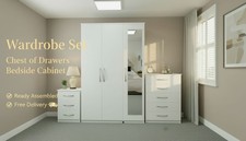 Fully Assembled 3 Piece Furniture Set, 3 Door Wardrobe, Chest Drawer, Bedside
