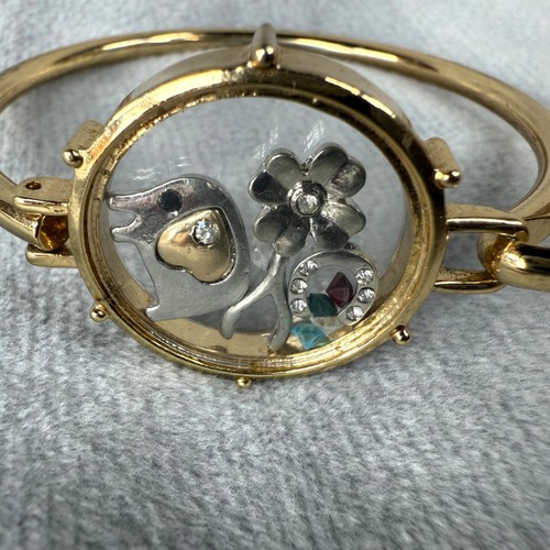 Gold-Tone Bangle Bracelet Clear Window & Silver-Tone Charms and Crystal Accents - Picture 3 of 22