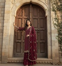 Stunning Heavy Faux Georgette Maroon Top Palazzo With Dupatta For Reception