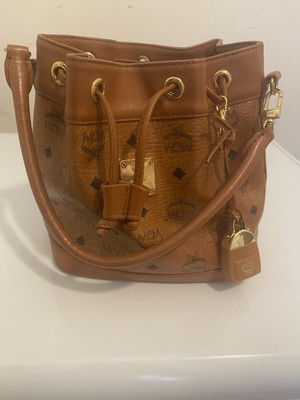 MCM Visetos Cognac Leather medium Bucket Bag +mini new perfume charm key ring