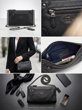 Coach Black Pebbled Crossbody Bag, Zip Closure, Chain Strap, Pockets, Detachable