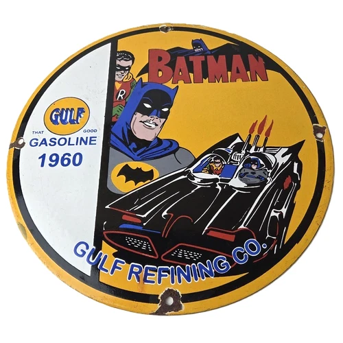 Vintage Gulf Gasoline Sign - Batman Robin Porcelain Gas Pump Sign