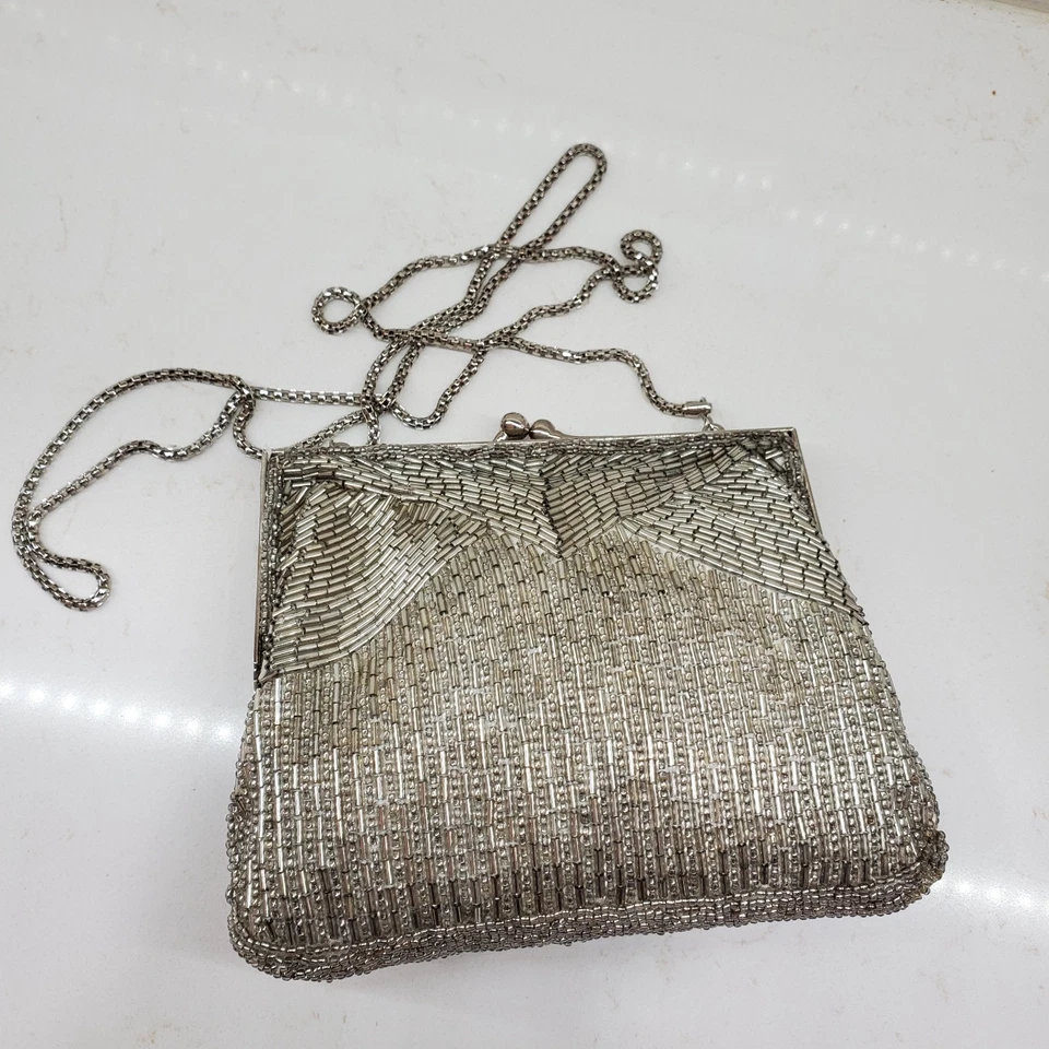 Luxury MAGID Silver Bugle Beaded Evening Bag Snake Chain Strap White Lining - Image 2 of 4