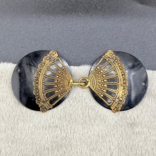 Vintage Estate Dress Clip Black Gold Tone Filigree Fan Ornate Plastic