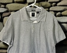 Mens Hugo Boss Polo Shirt Gray White Stripes Tailored Slim Fit Size L - XL