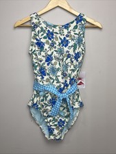 Lands End Tie Front One Piece Swimsuit 4 Blue Lotus Floral Gingham