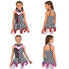 Kids Girls Costume Festival Cosplay Sequins Circus Plaid Dress Adorned Clown