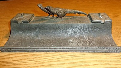 Metal Double Inkwell Figural Pheasants Hinged Lids Glass Inserts European 20/30s