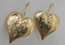 C7 Vintage 14k Yellow Gold Drop Engraved Puffy Heart Design Earrings 1.4g