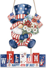 4Th of July Door Sign, 12 Inch American Patriotic Wooden Hanging Signs, USA Red