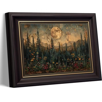 Dark Brown Frame Full Moon Forest Canvas Wall Art Woodland Nature Landscape P...