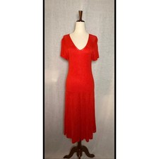 Lauren Ralph Lauren Red Pointelle Knit Crochet Midi Dress Short Sleeve A-Line M