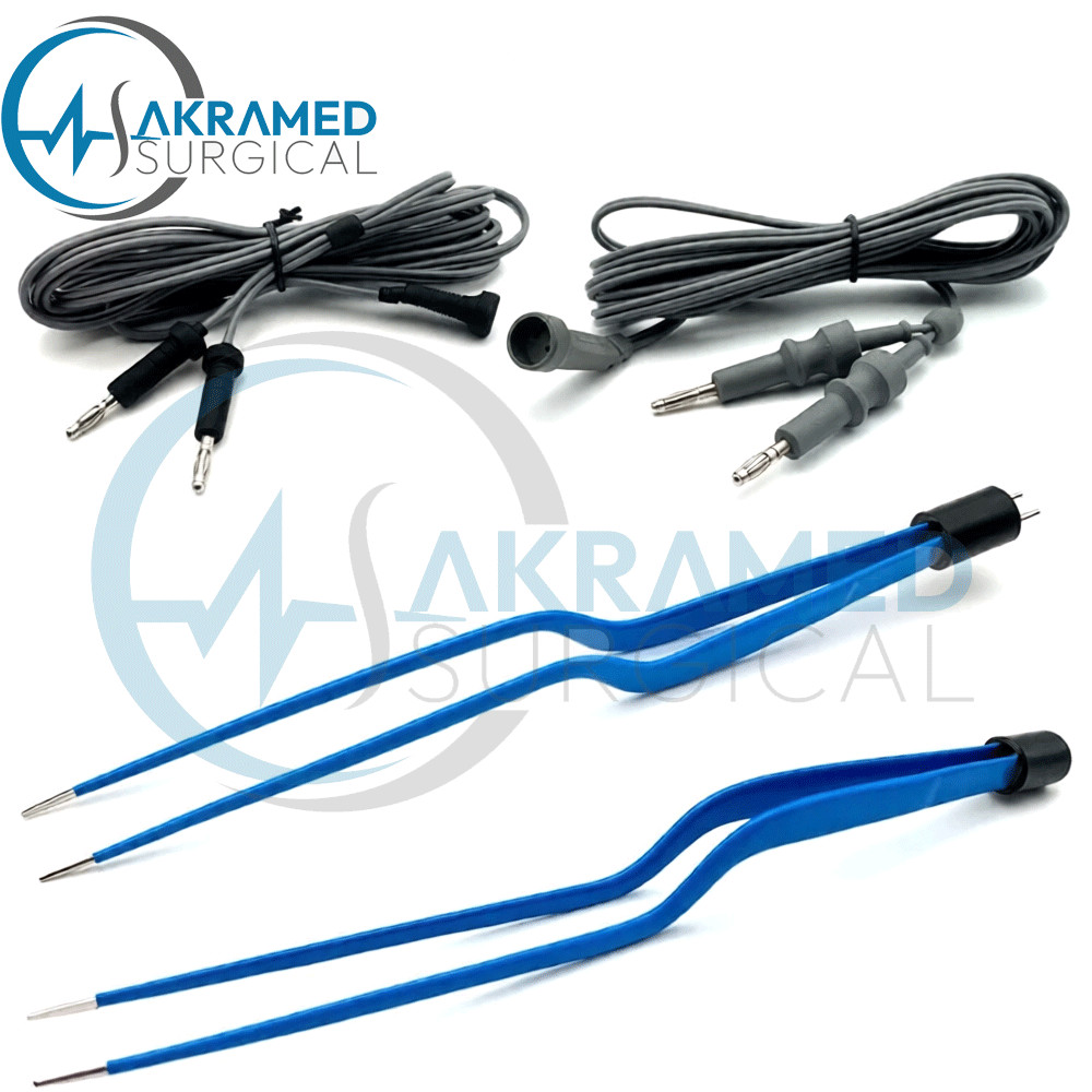 Bipolar Bayonet Forceps 1 mm, 1.5 mm x 20 cm w/ Cables (2 pcs)
