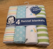 Gerber Flannel Baby Blankets NWT Set Of 4 Green Blue 100 Cotton Nursery Soft