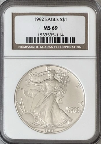 1992 $1 American Silver Eagle NGC MS69 Brown Label 0.999 Fine Bullion Coin USA