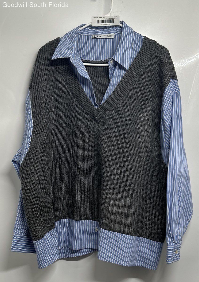 Zara Womens Blue Gray Striped Long Sleeve Regular Fit Pullover Sweater Size M-L