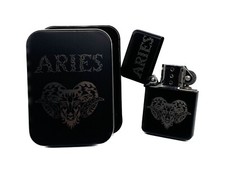 Black Metal Lighter Refillable, Laser Engraved Zodiac Aries