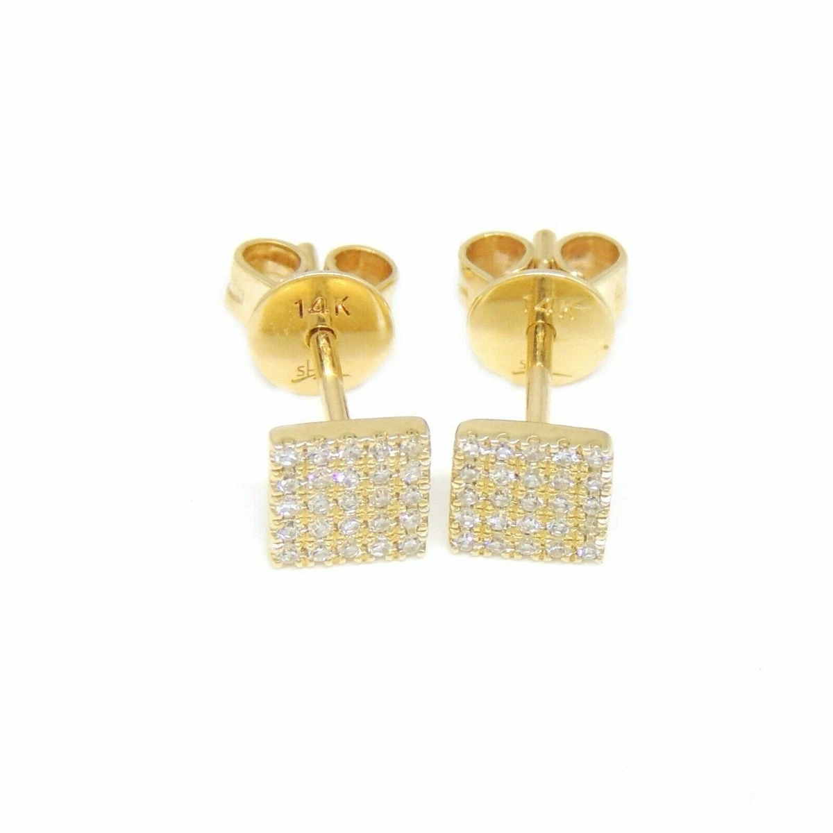 14k yellow Gold 0.11Ct Round Diamond square stud Earrings Push