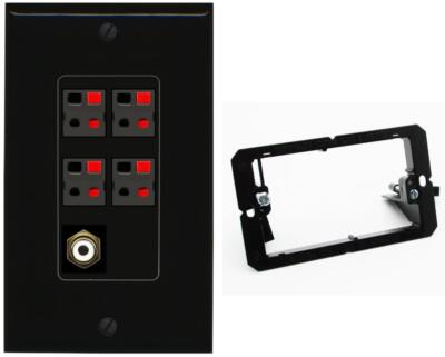 RiteAV 4 Port Speaker Wire Plug Jack Wall Plate+RCA for Subwoofer Bracket Black